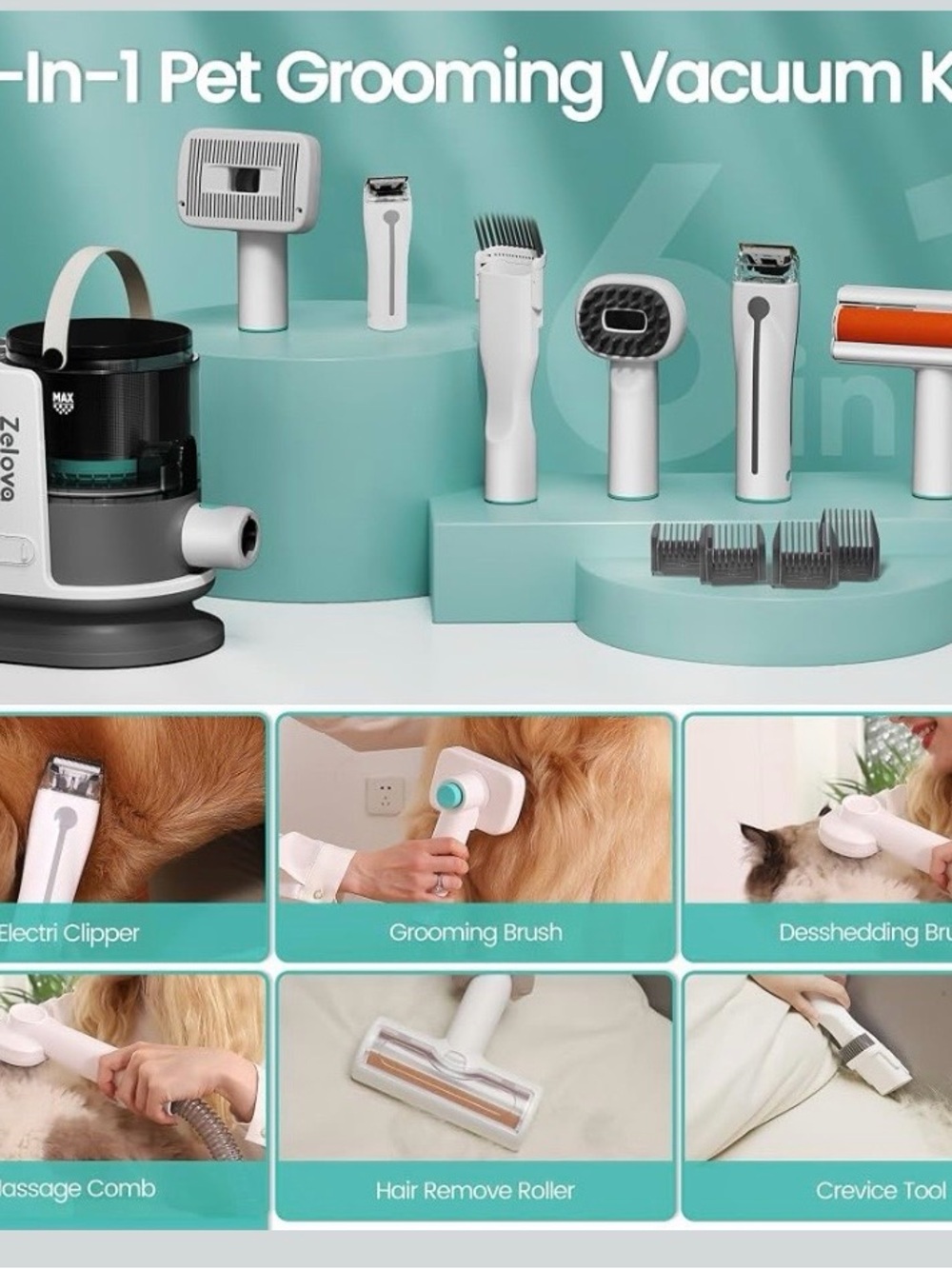 New Pet Dog Cat Grooming Vacuum Kit Suction Quiet Groomer w/ 6 Pet Tools